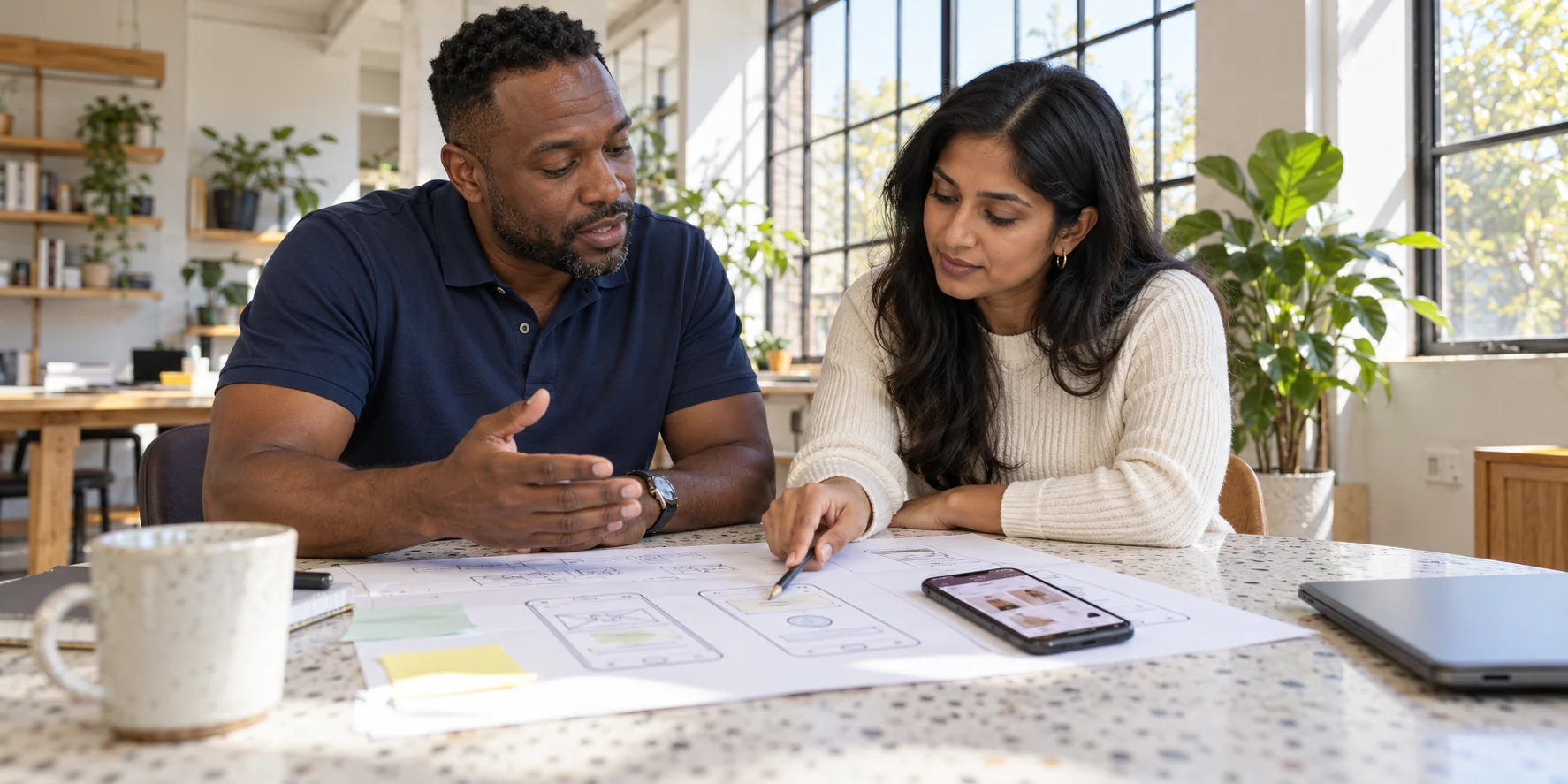 Business owner and app developer discussing screen sketches at a table in a bright shared studio