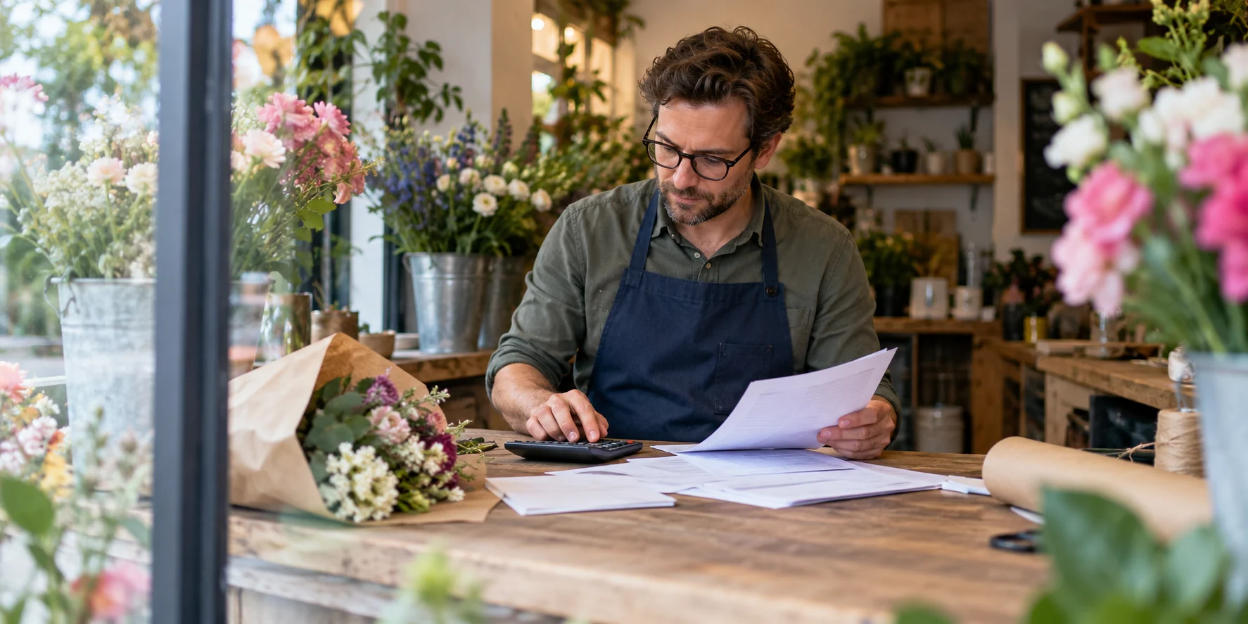 Florist reviewing business paperwork with a calculator at a flower-shop counter