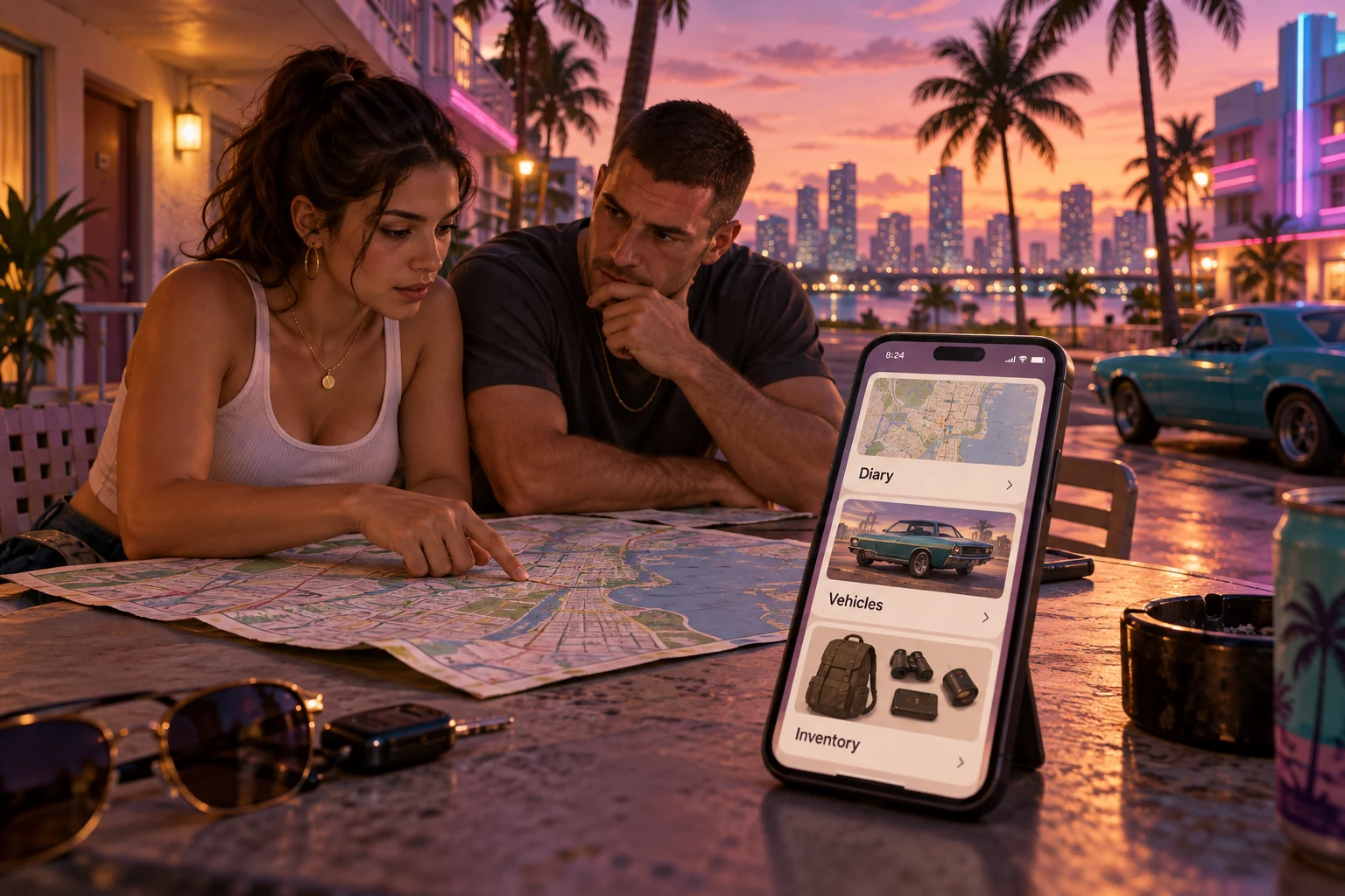 Imagined companion app with diary, vehicle and inventory screens on a phone beside a city map in a palm-lined motel courtyard