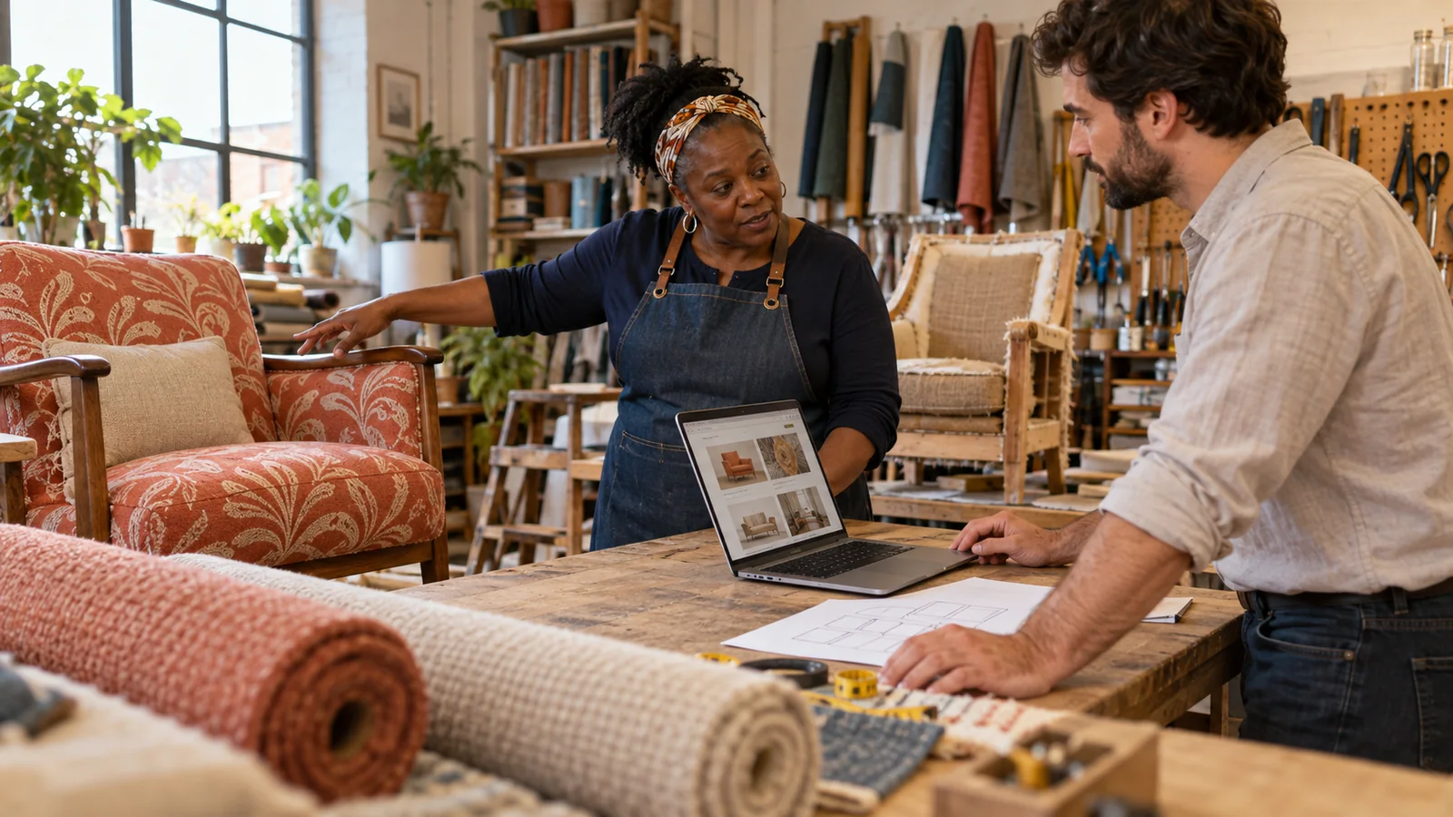Website planning conversation at an upholstery workshop, with a laptop, page sketch and furniture examples