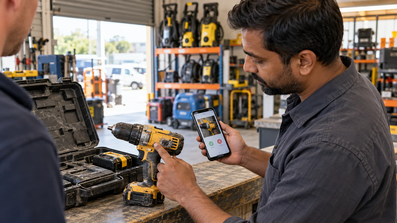 Employee checking a returned cordless drill and its condition record on a smartphone at an equipment-hire counter