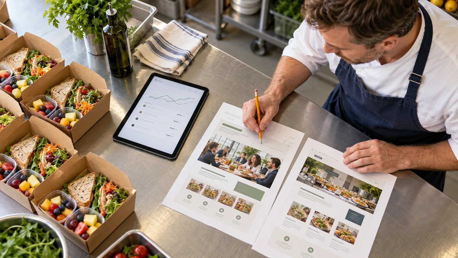 Catering business owner reviewing website page plans and a tablet report beside prepared office lunch boxes