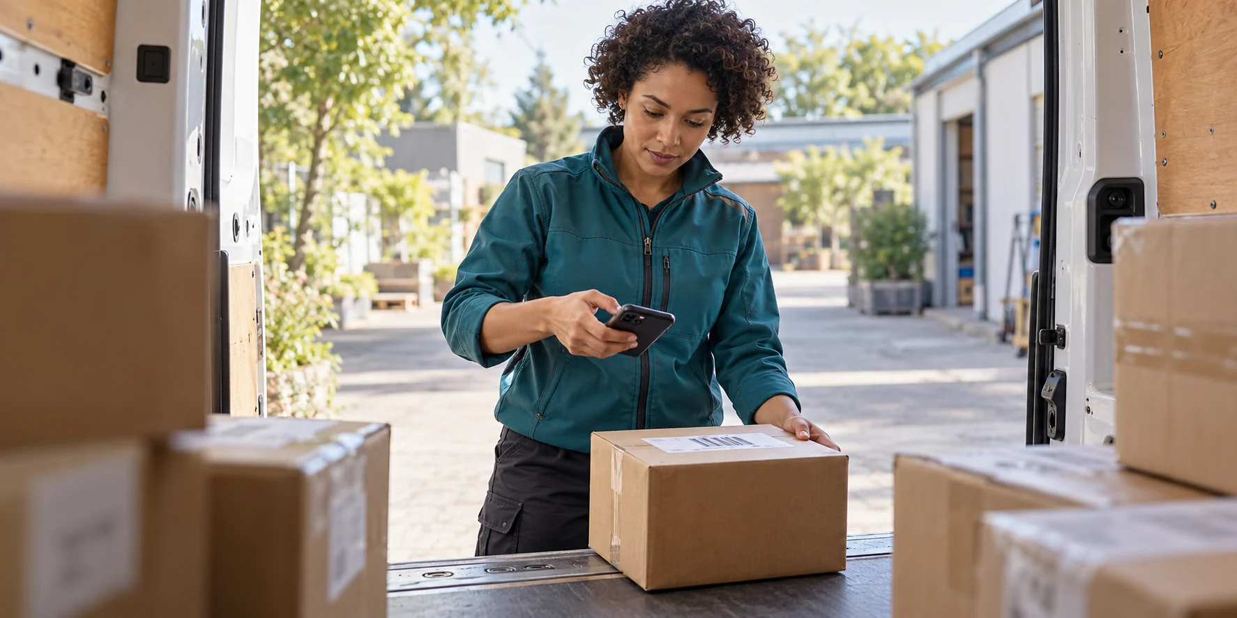 Delivery worker scanning a parcel at the open rear doors of a parked van