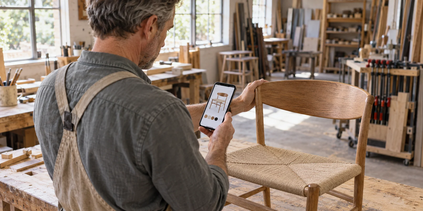 Over-the-shoulder view of a furniture business owner checking a phone beside a finished oak chair