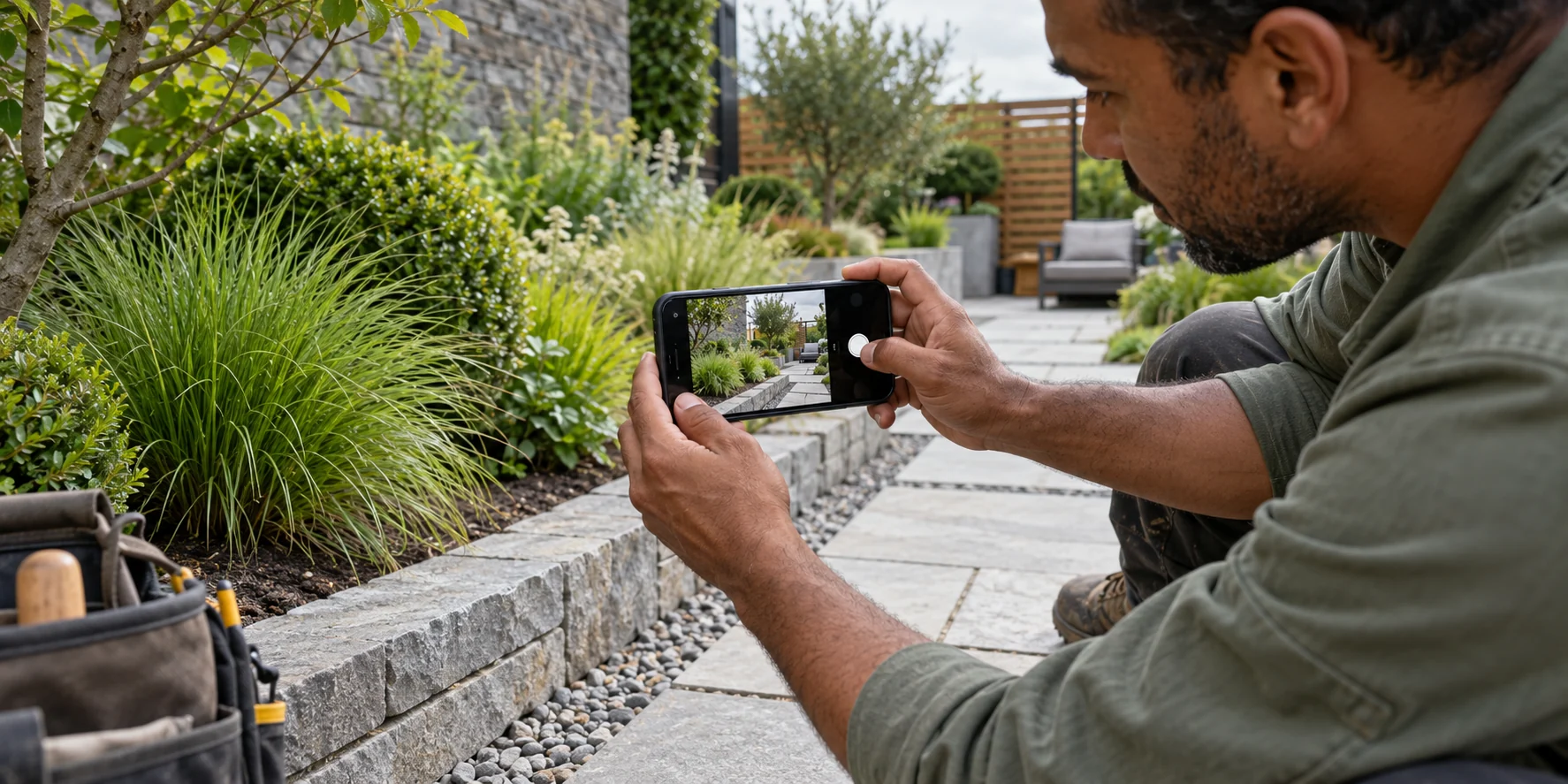 Landscaping business owner using a phone camera to record completed work in a courtyard garden