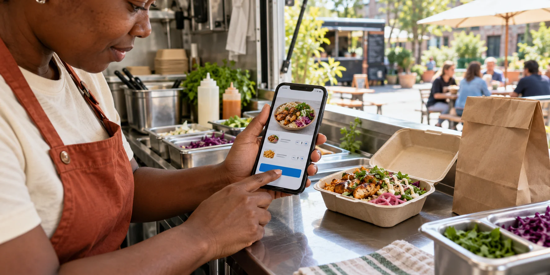 Food truck owner testing a food-order app on a phone before serving customers