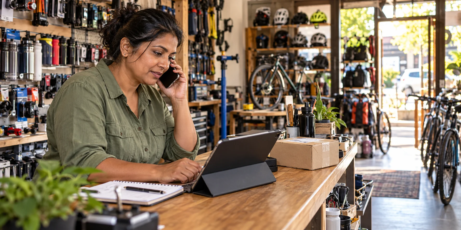 Cycle shop owner helping a customer by phone beside a tablet at the shop counter