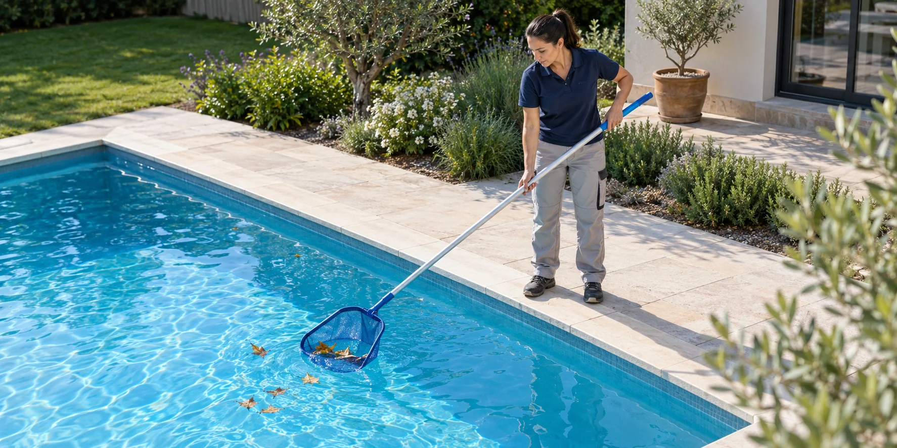 Pool technician skimming leaves from a residential swimming pool with a long-handled net