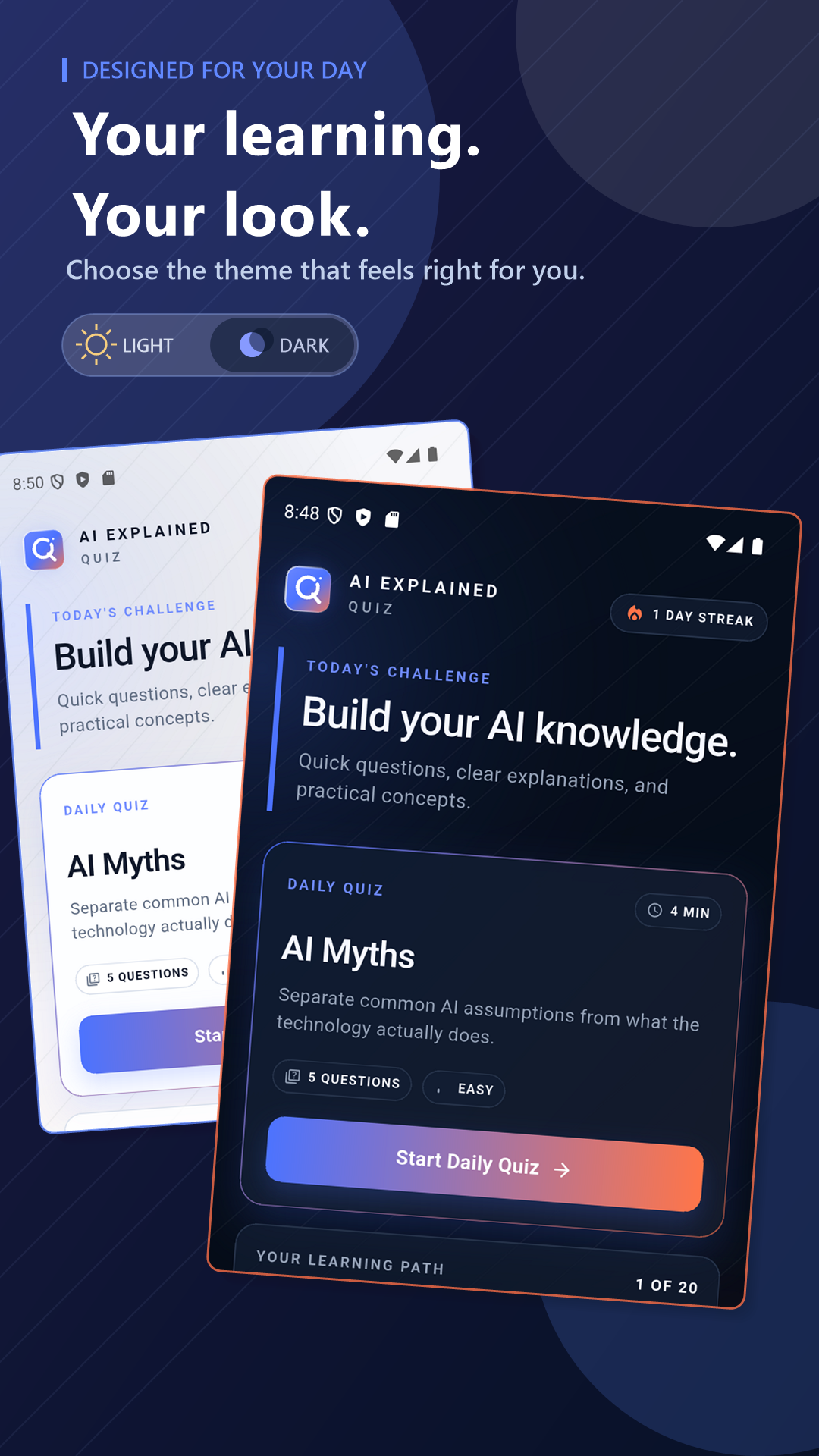 AI Explained quiz interface in light and dark themes, showing the AI Myths daily quiz