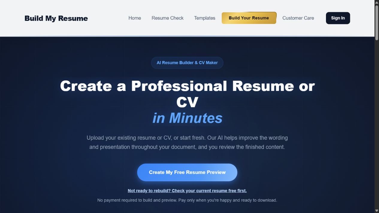 Build My Resume web app with resume upload, writing support and a free resume preview
