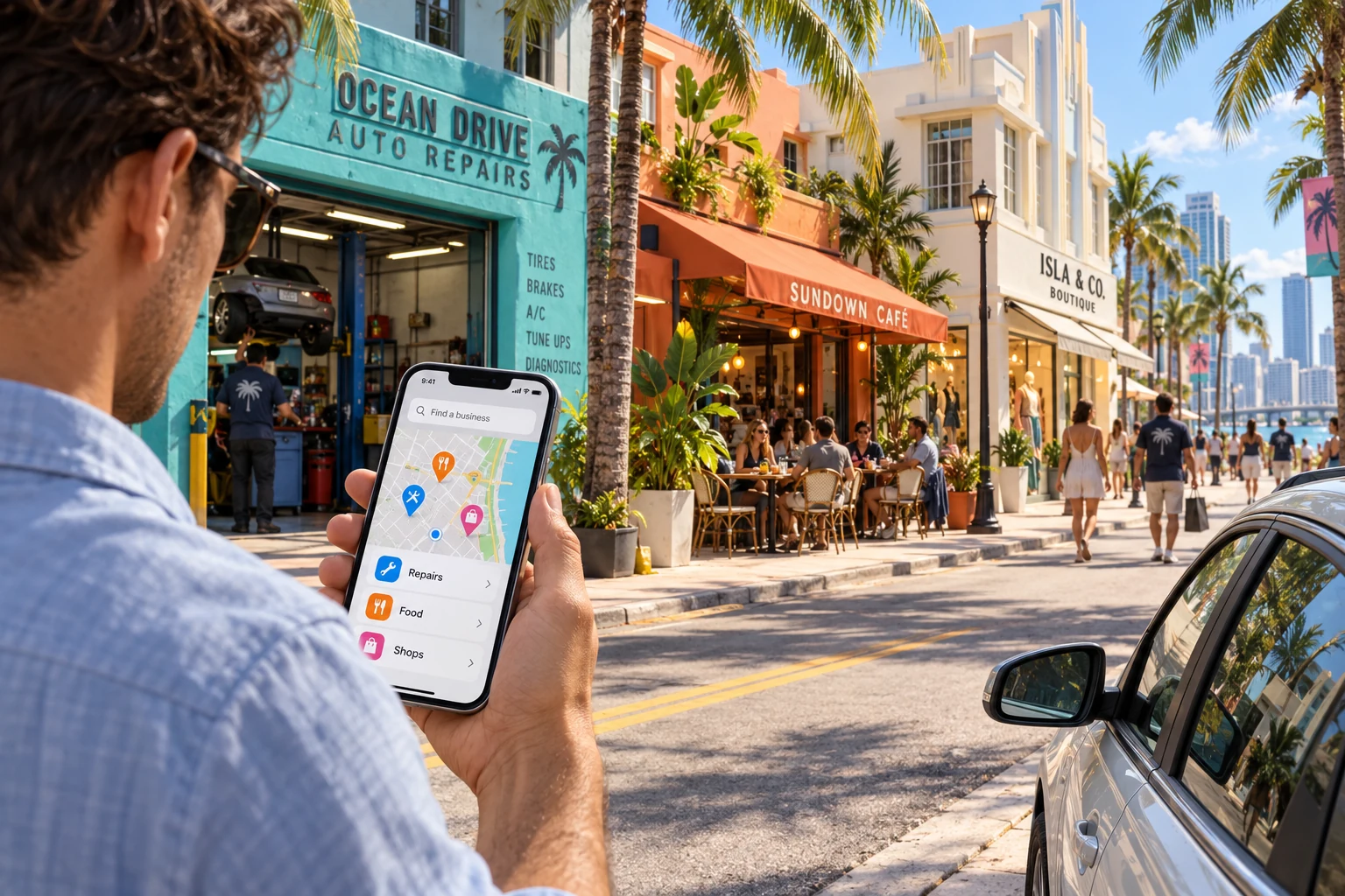 Street-level illustration of a man using a local business directory on his phone beside pastel shops and a garage in a fictional palm-lined city