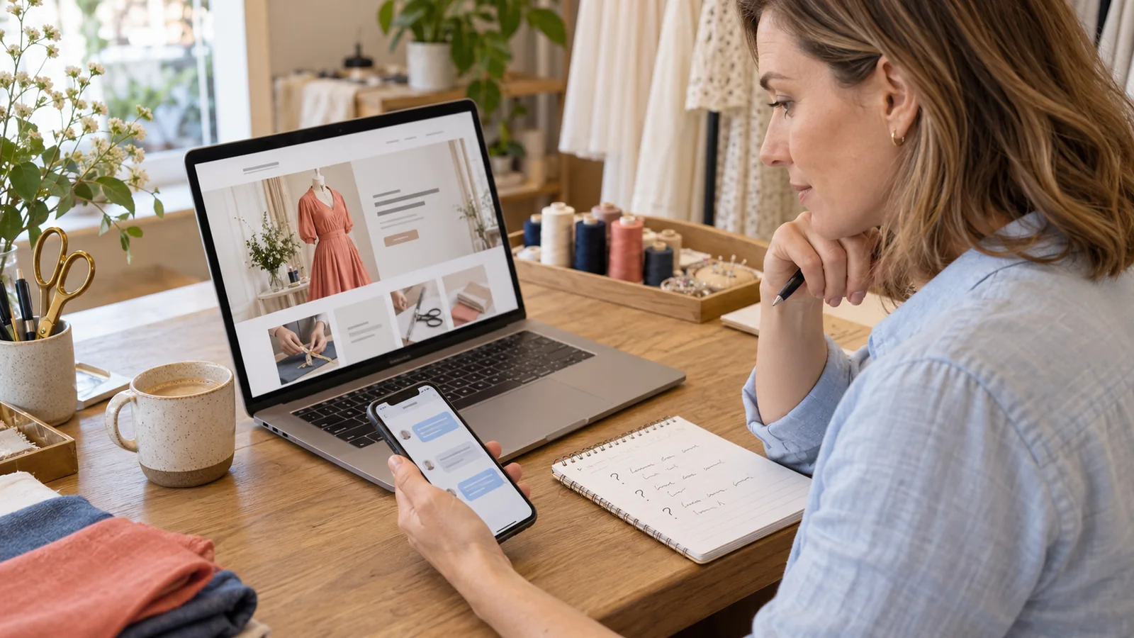 Business owner reviewing customer messages, handwritten questions and a clothing-alterations website at her work counter