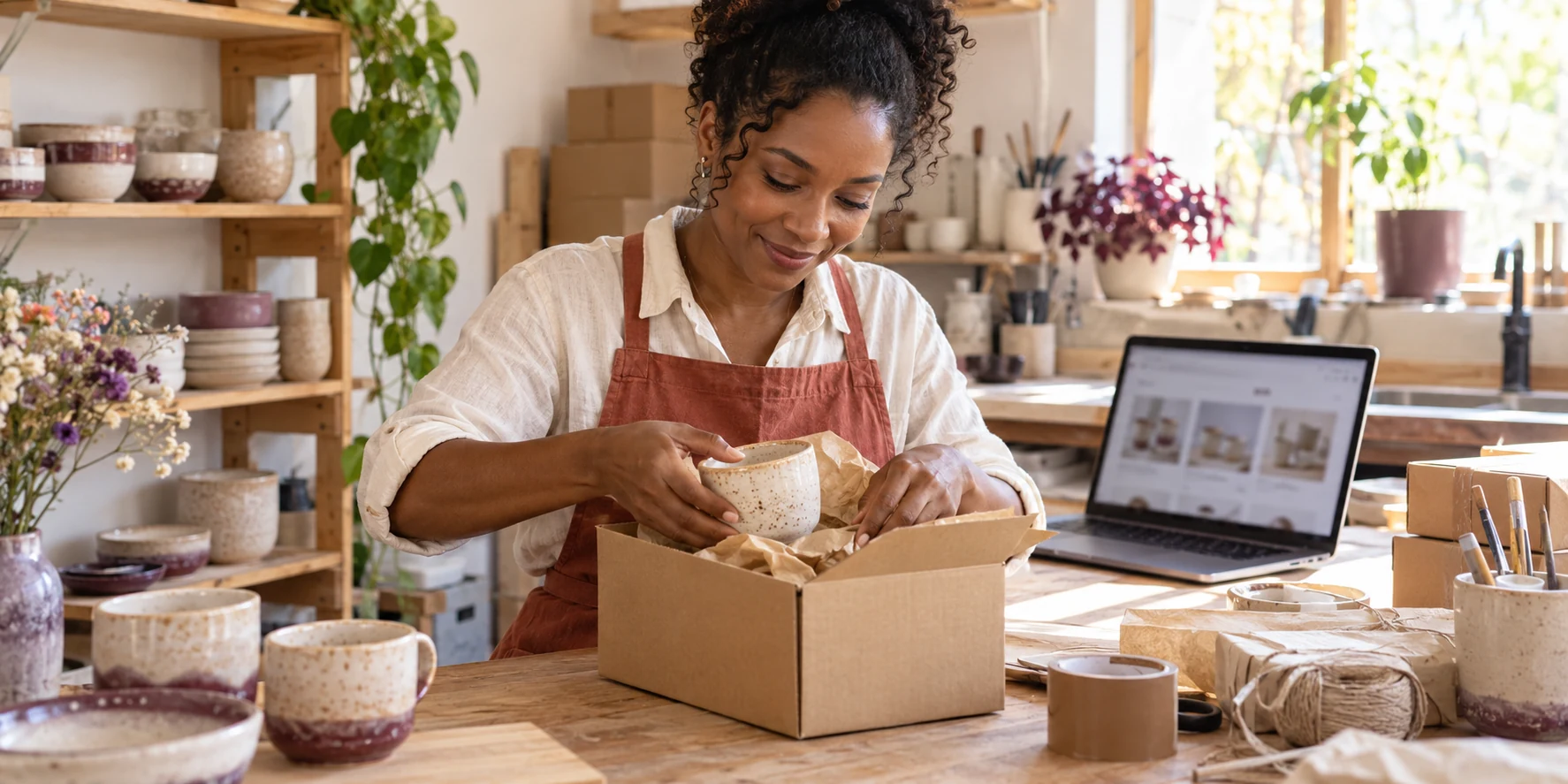 Small business owner packing a ceramic cup beside a laptop showing an online shop