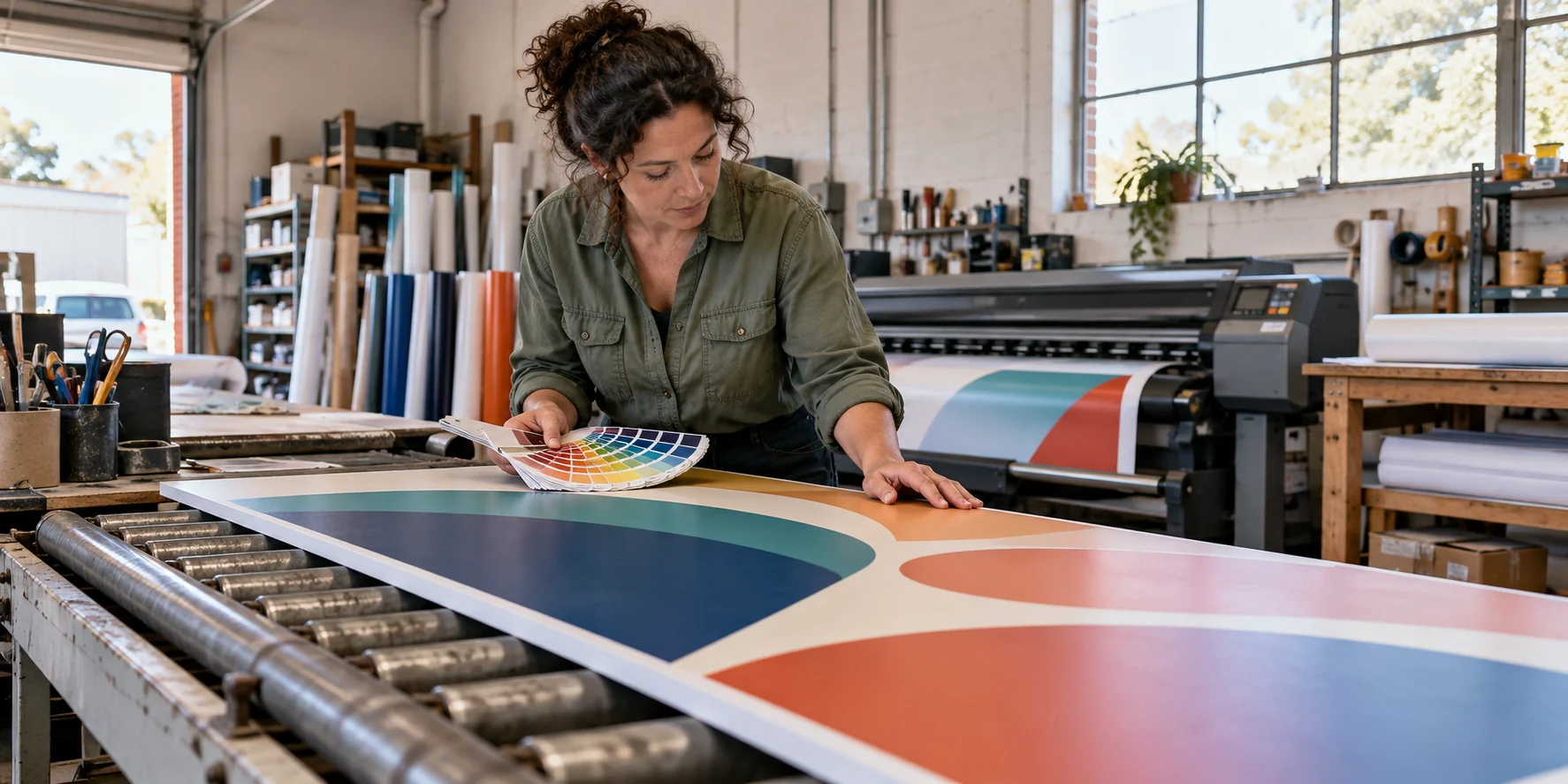 Printing business owner checking colour samples against a newly printed sign in her workshop