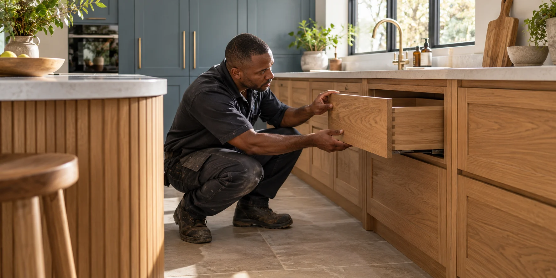 Cabinetmaker checking an oak drawer in a completed kitchen with fitted cabinetry