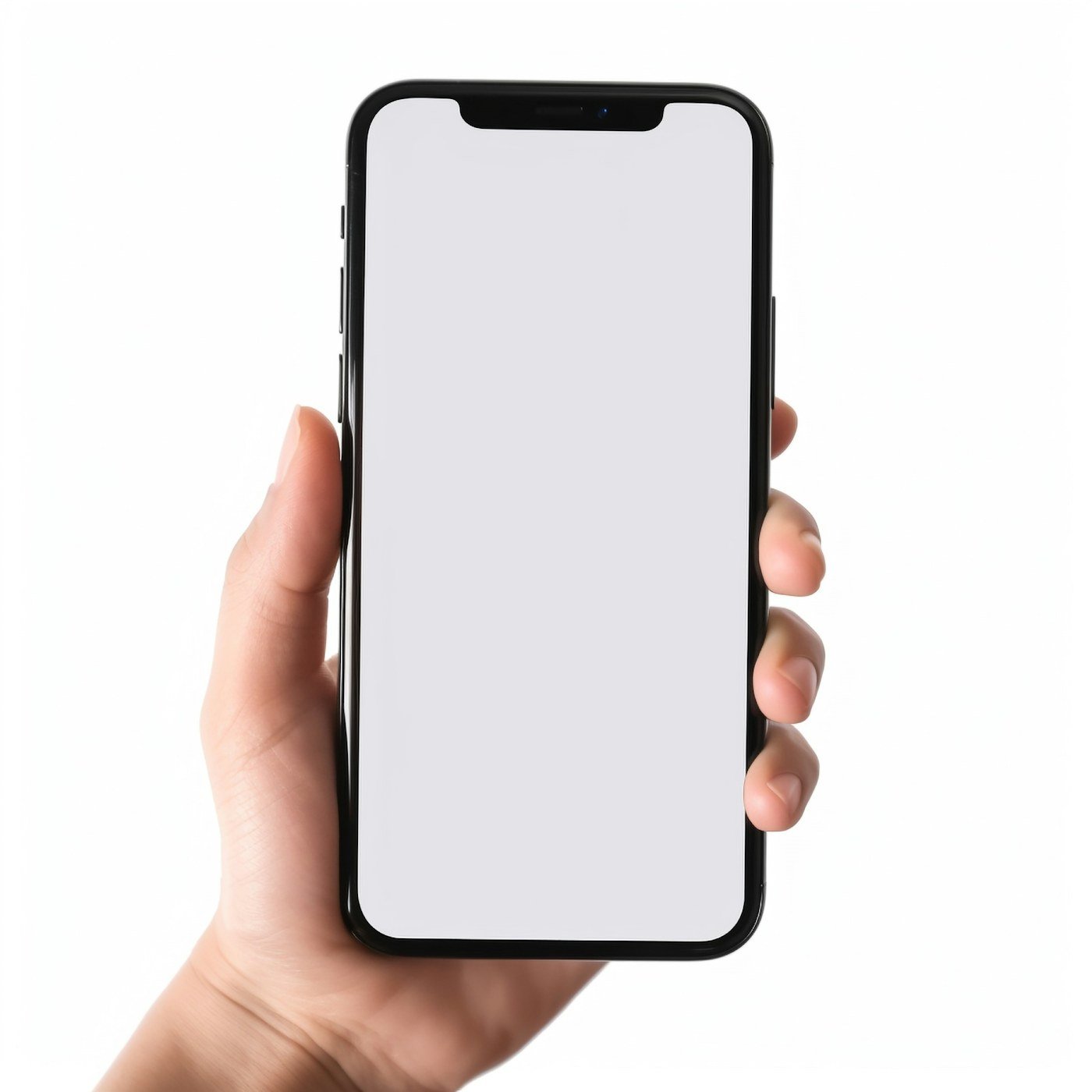 A hand holding a smartphone with a blank screen