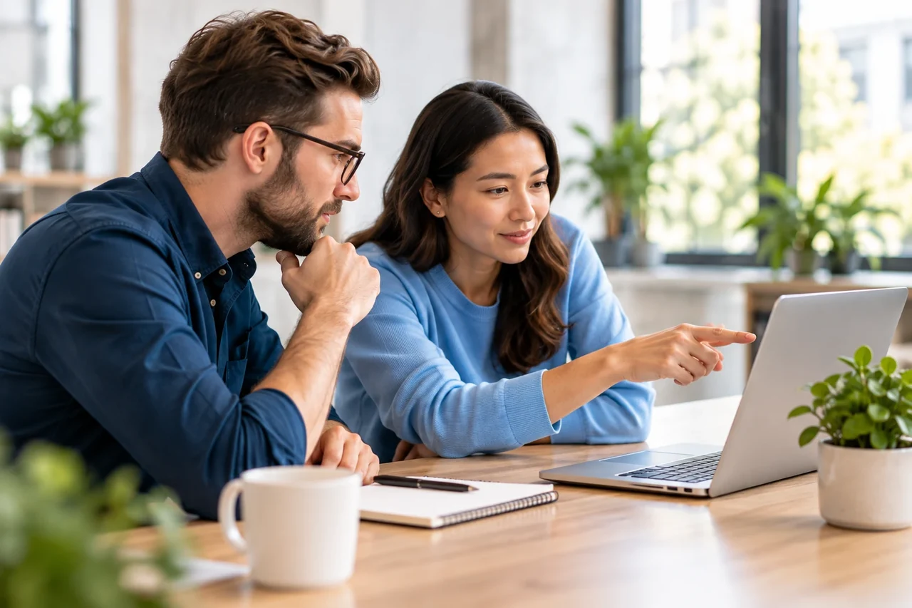 People using technology in a bright business workspace