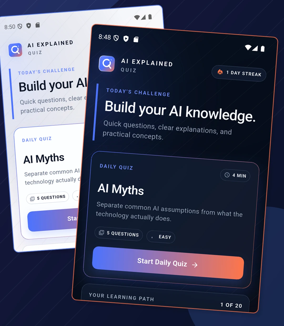 AI Explained quiz interface in light and dark themes