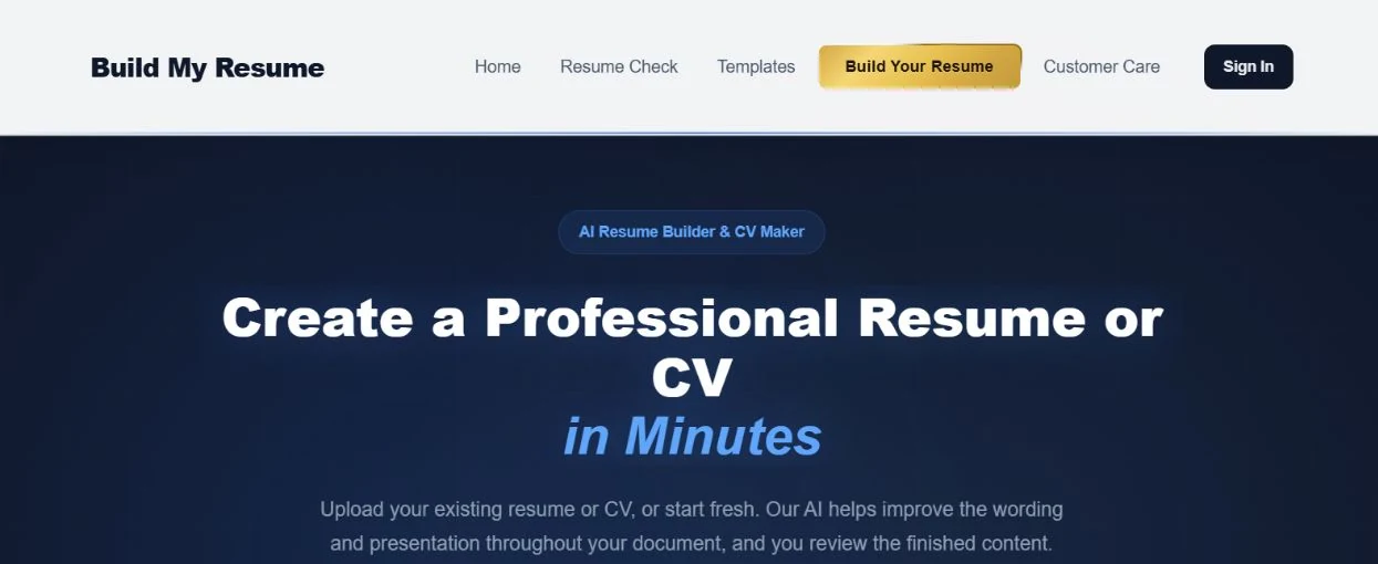 Build My Resume homepage with resume upload and writing support